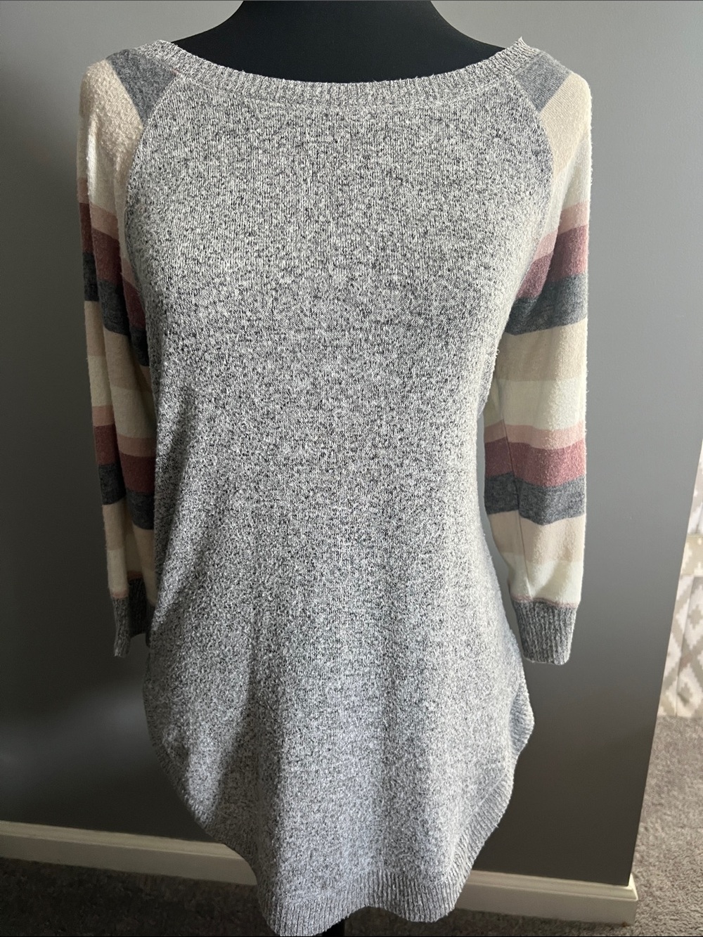 Maurices Gray Knit Pullover with Striped Raglan Sleeves